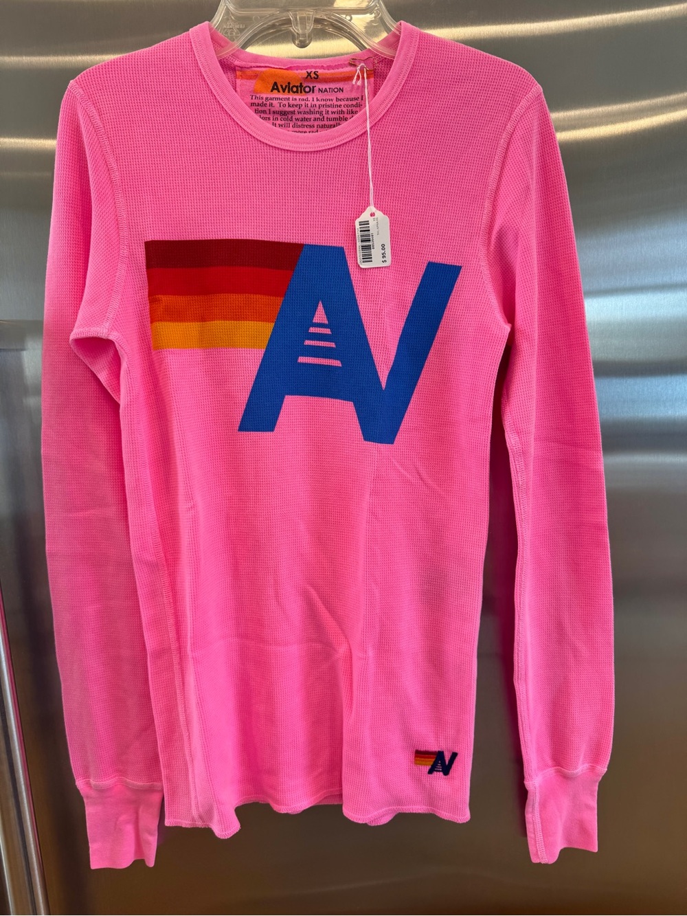 NWT Aviator Nation Waffle Thermal Shirt with Classic AV Logo Neon Pink Unisex